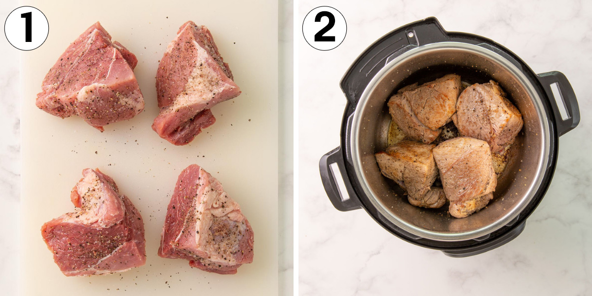 Two photos showing pork being prepared for Instant Pot pulled pork.