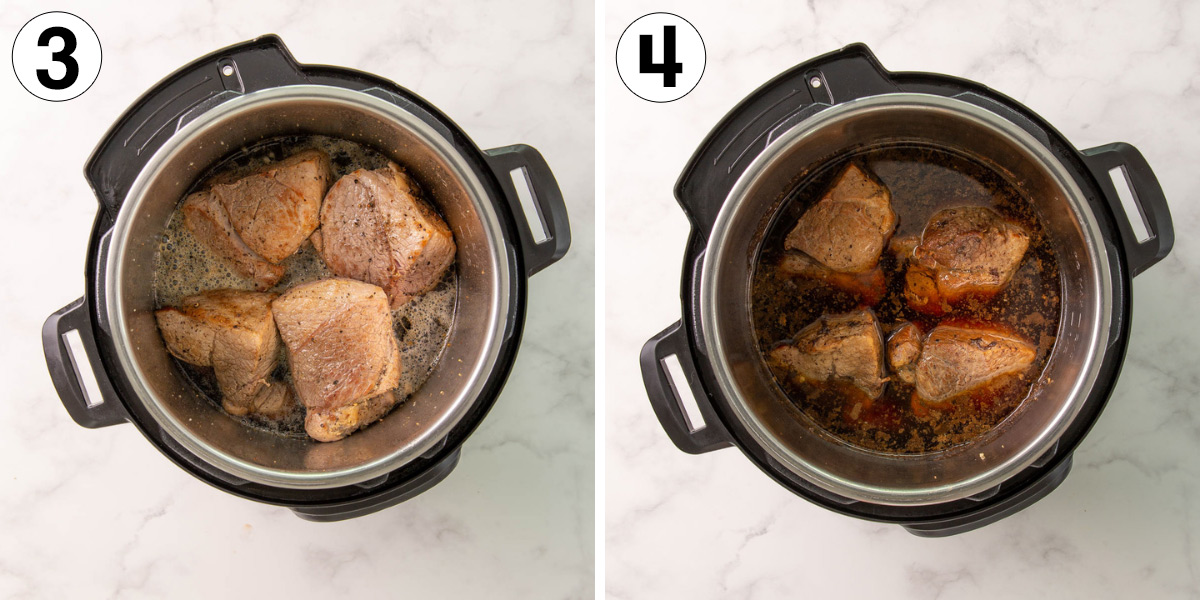 Two photos of pork in an Instant Pot before and after pressure cooking.
