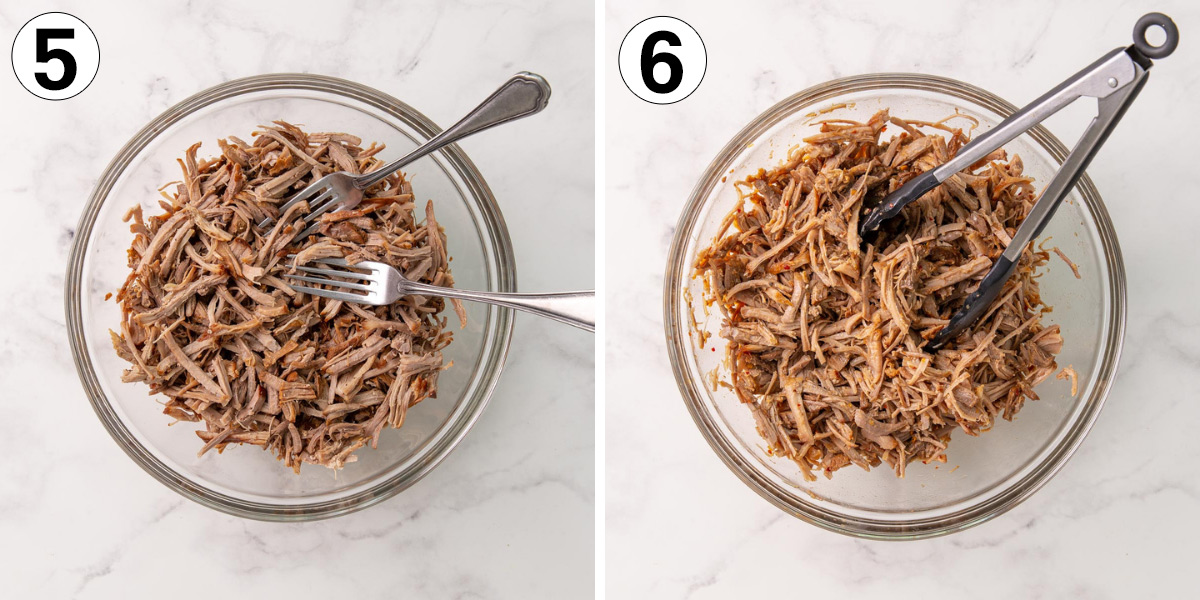 Two images showing pork being shredded and tossed with sauce in a bowl.  