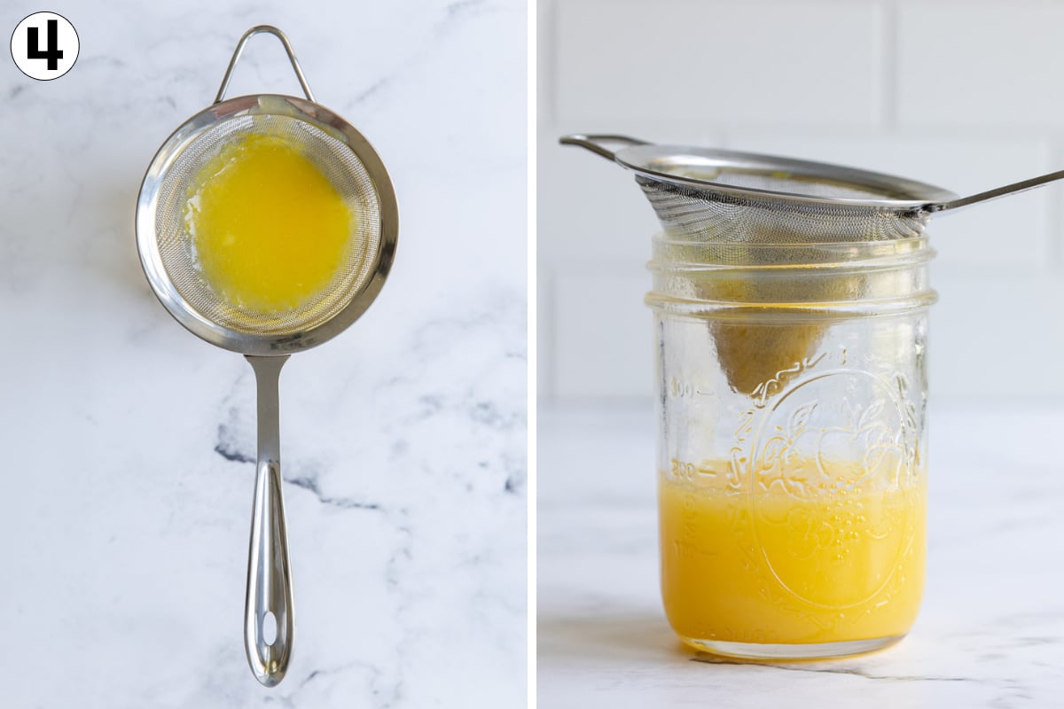 Two images showing lemon curd being strained through a fine mesh strainer.