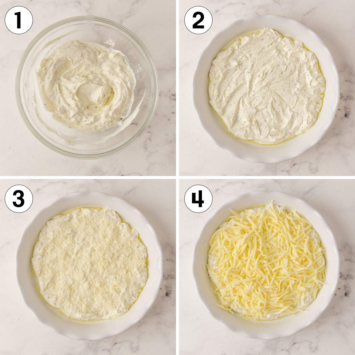 A collage of four images showing steps in making pepperoni pizza dip.