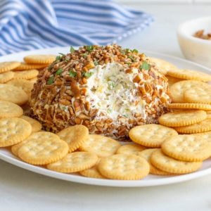Front view of a pineapple cheese ball on a platter with crackers.