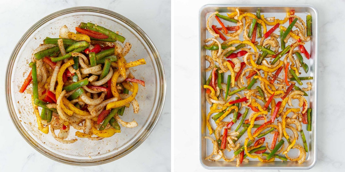Two images of fajita seasoned bell peppers and onions in a bowl and on a baking sheet.