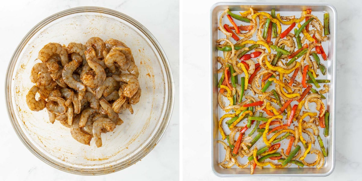 Two images of raw seasoned shrimp in a bowl and peppers and onions in a pan.