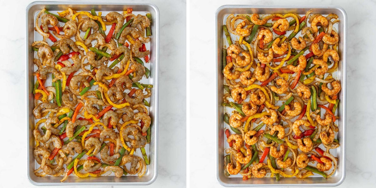 Two images of shrimp, peppers and onions on a sheet pan before and after baking.