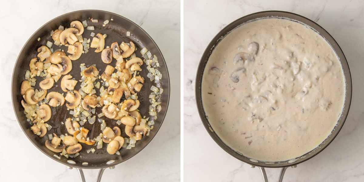 Two images showing how to prepare sauce for easy green bean casserole.
