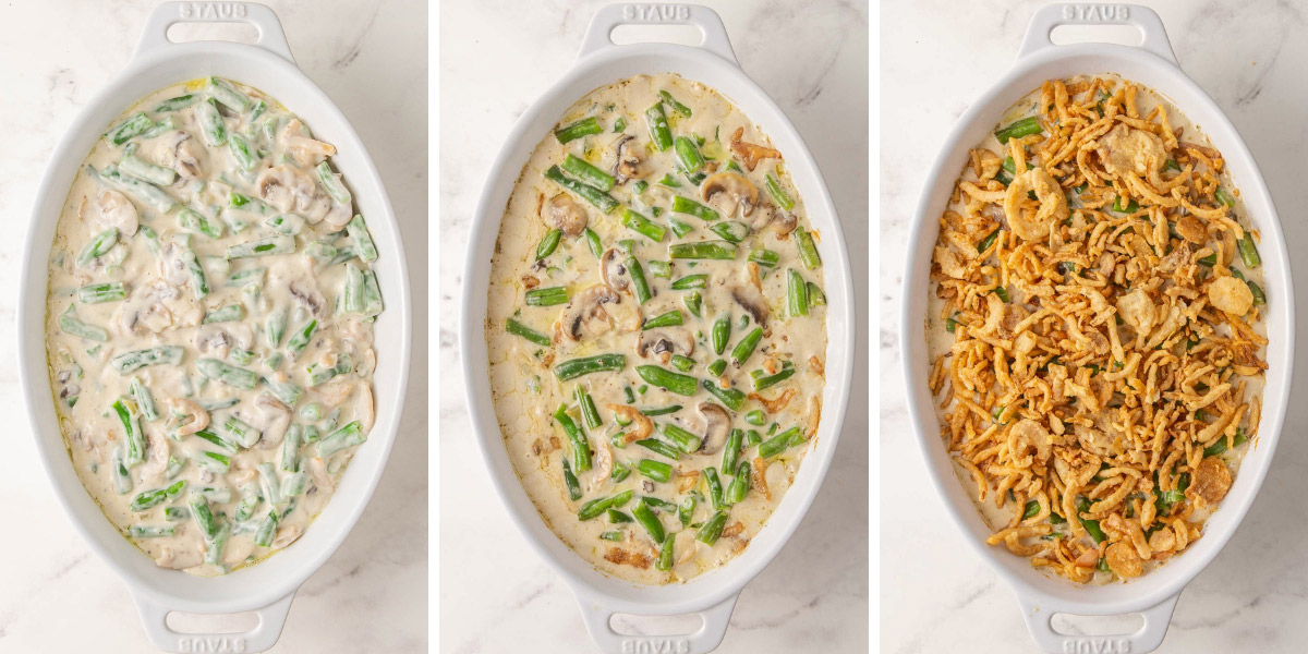Three images of casserole in a dish before baking, after baking and after topping with fried onions.
