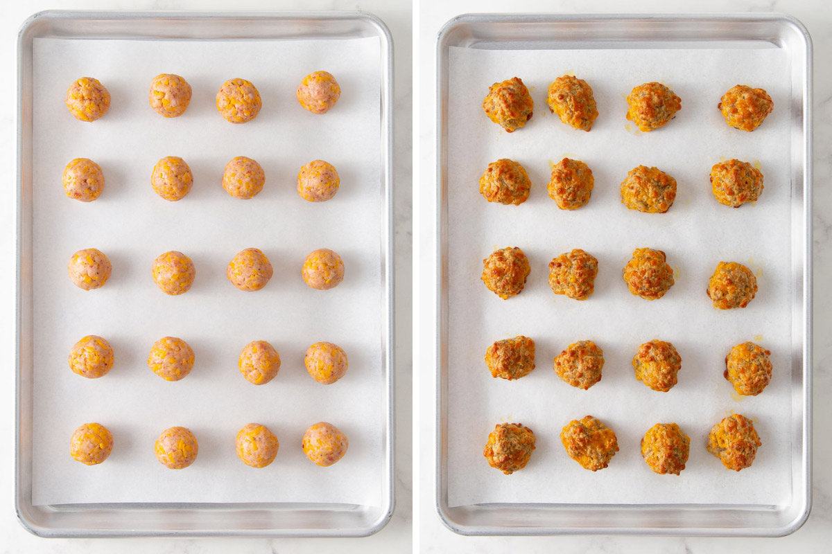 Sausage balls on a baking sheet before and after baking.