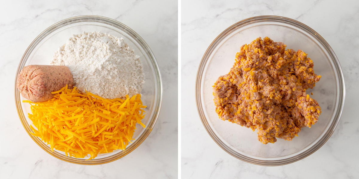Two images of sausage, shredded cheese and baking mix in a bowl before and after combining.