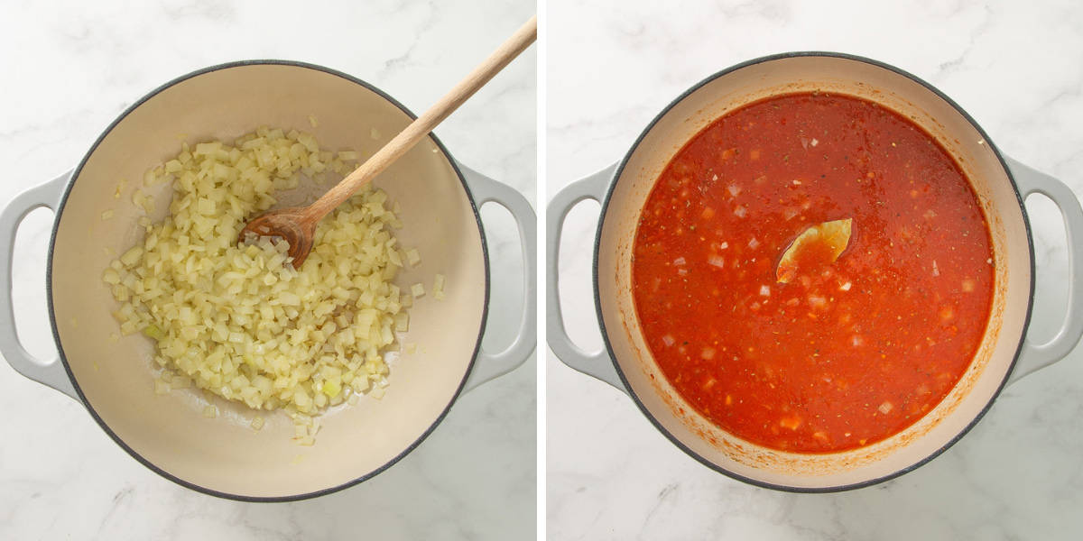 A collage of two images showing steps of how to make easy tomato soup.  