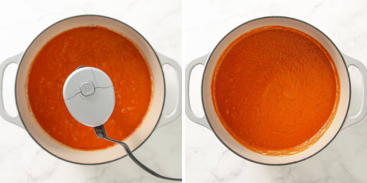 Two images showing tomato soup before and after it is pureed with an immersion blender.