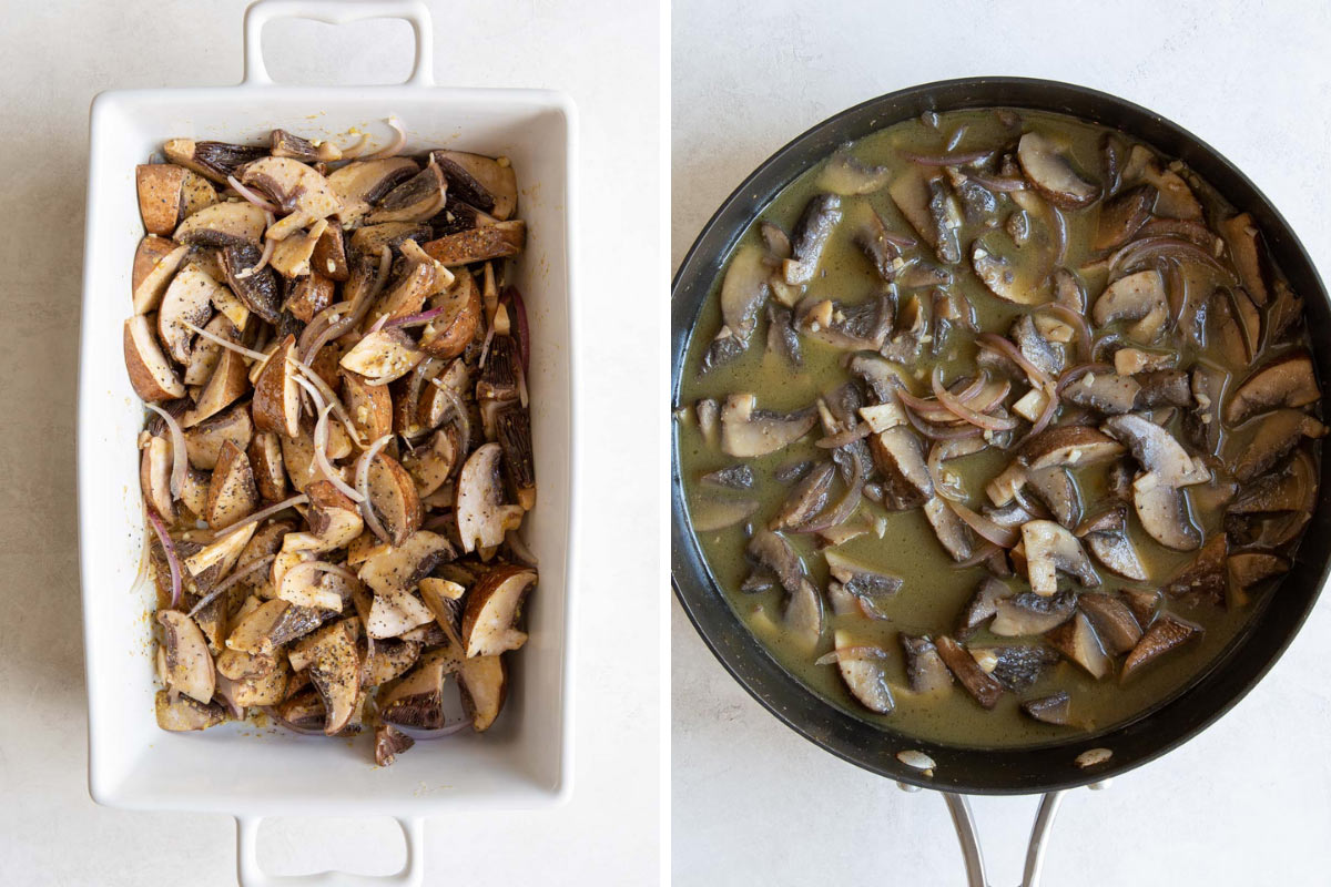 Two images of mushrooms and onions in marinade before and after sautéing.  