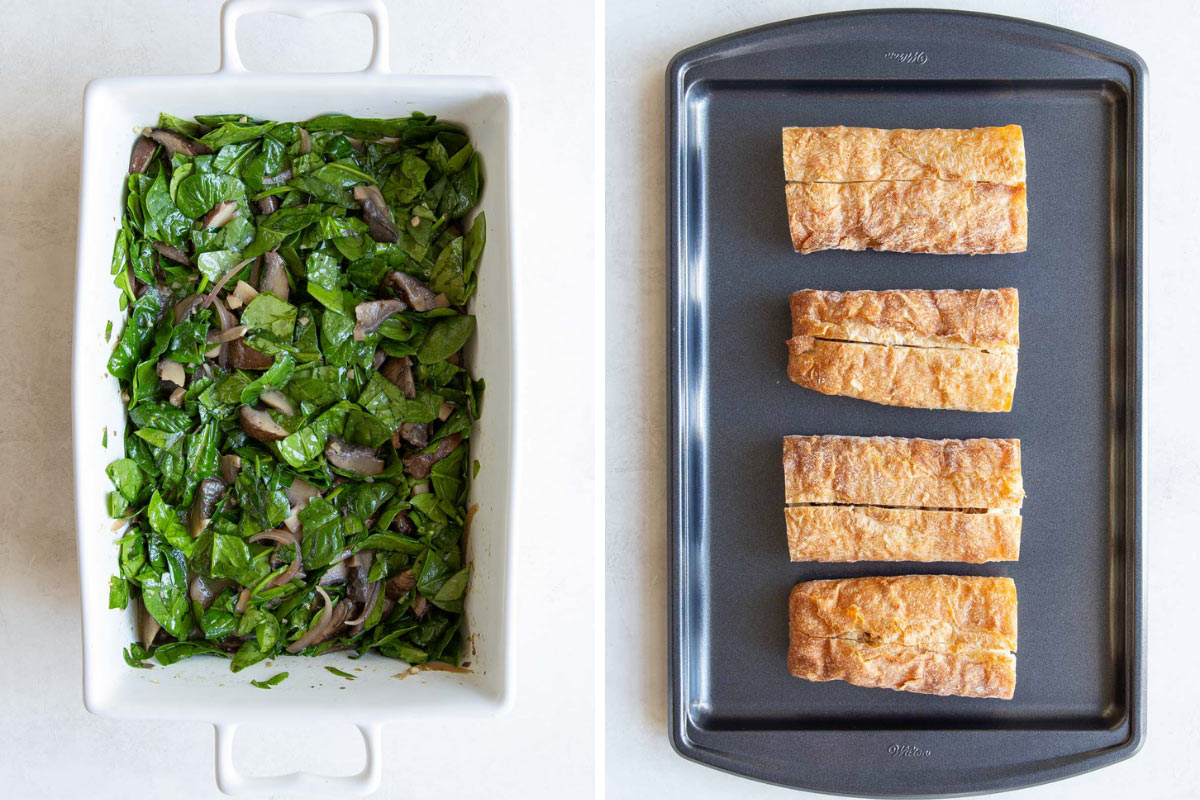 A two-image collage of mushroom and spinach mixture and sliced baguette on a baking sheet.