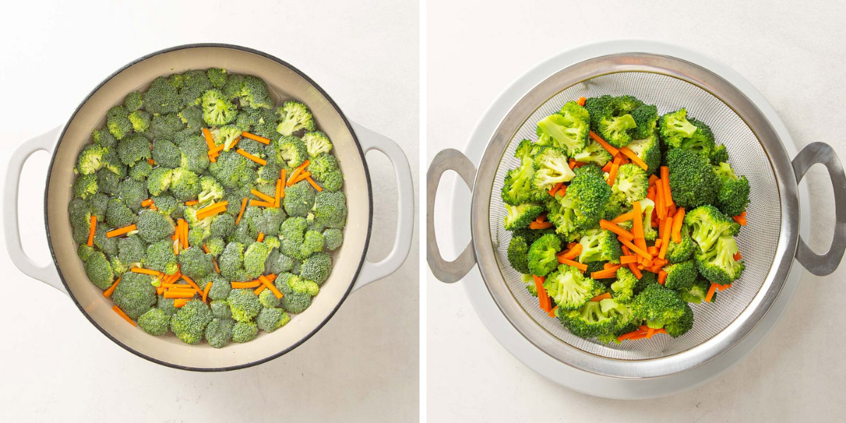 A two-image collage showing broccoli and carrots before and after boiling and draining.