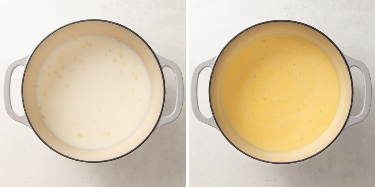 A two-image collage of steps of adding milk, chicken broth and cheese to a roux.