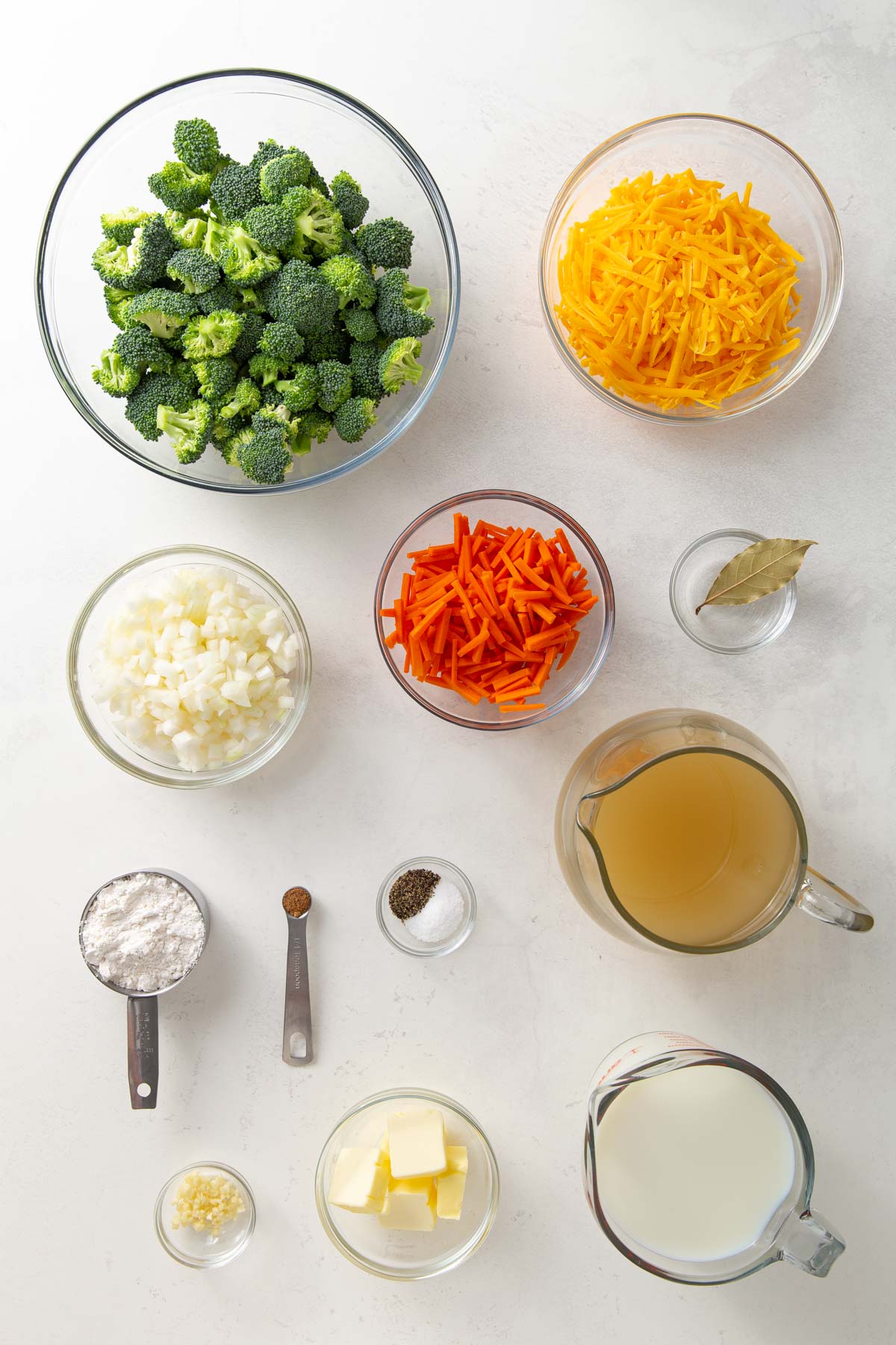Overhead view of ingredients for low fat broccoli cheddar soup.