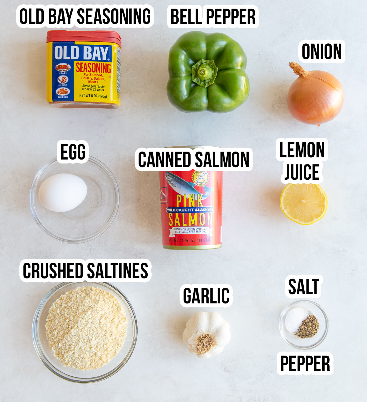 Overhead view of ingredients for air fryer salmon patties with overlay text.