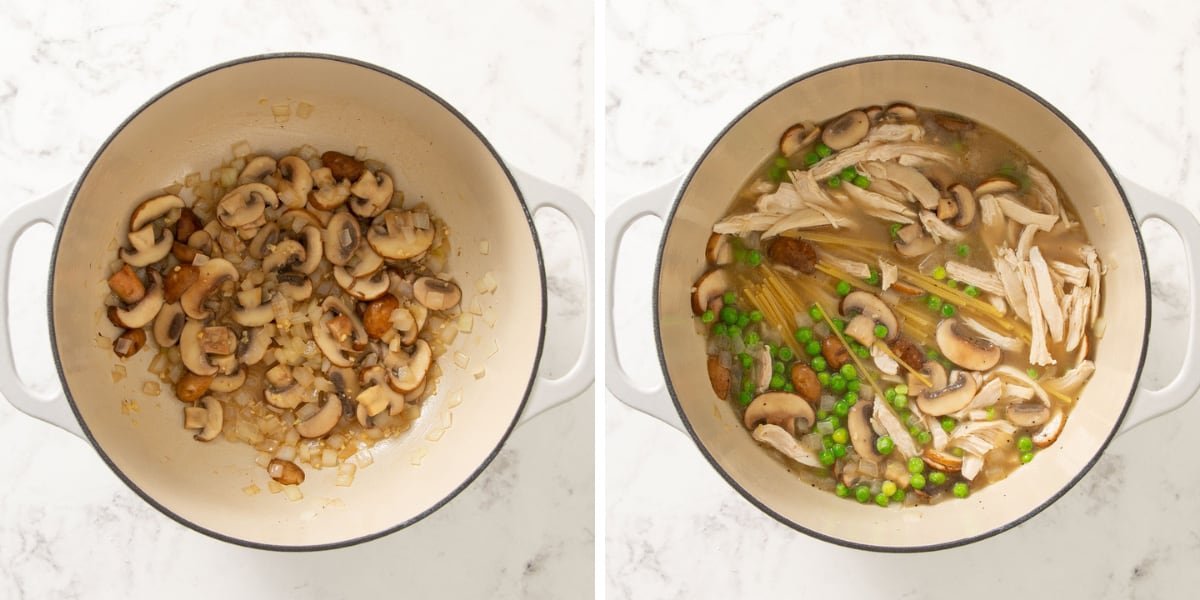 A two-image collage showing steps in making easy chicken tetrazzini.