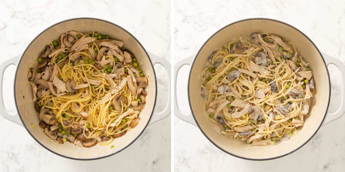 A two-image collage showing chicken tetrazzini before and after stirring in cream cheese and sour cream.