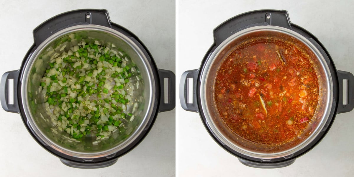 Two images showing steps of making instant pot chili.