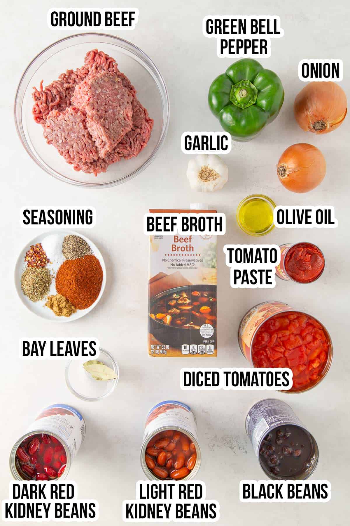 Overhead view of ingredients for instant pot chili with overlay text.