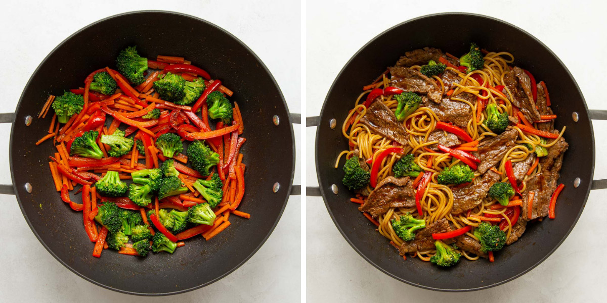 Vegetables in a skillet before and after beef, noodles and sauce are added for lo mein.
