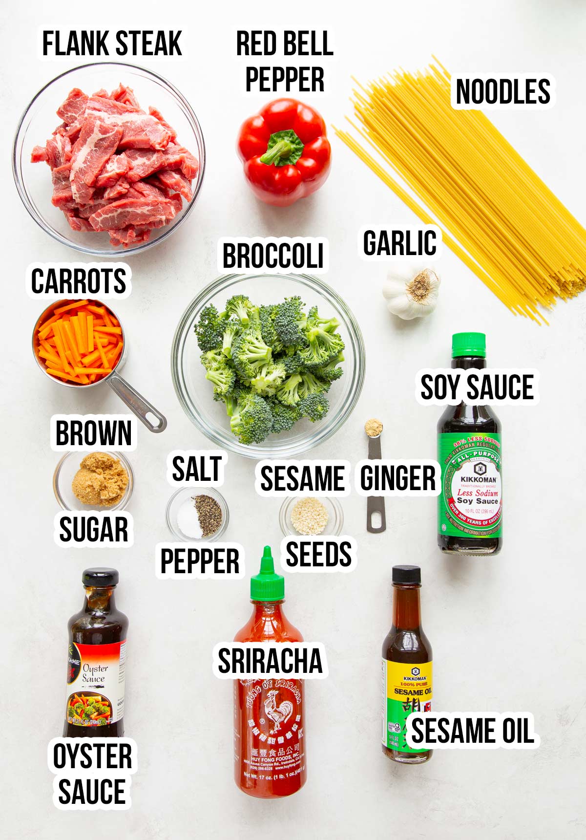 Overhead view of ingredients for beef and broccoli lo mein with overlay text.