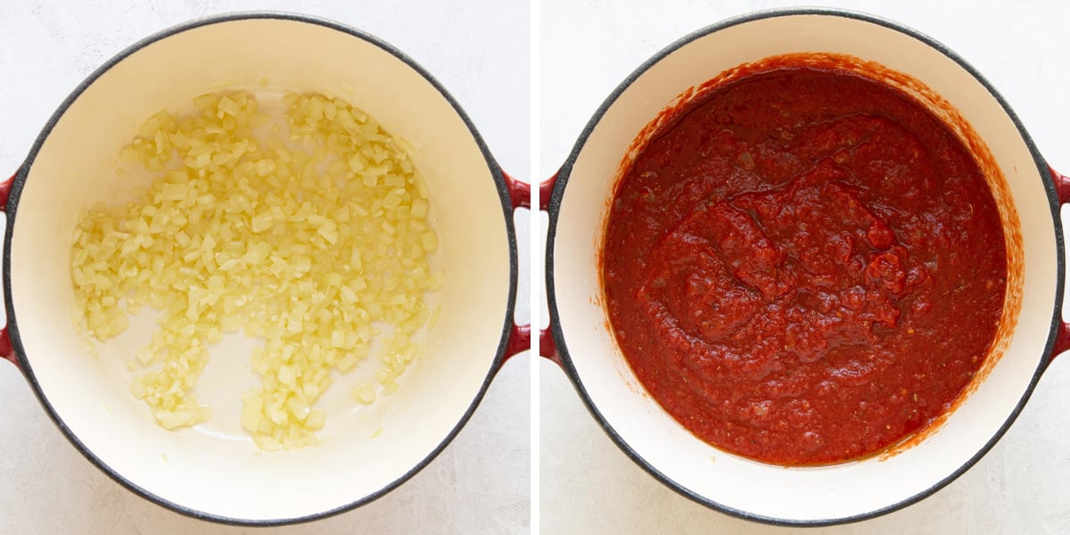 The process of making homemade marinara sauce.