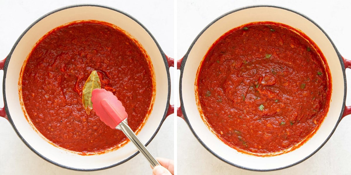 Removing a bay leaf from marinara sauce and stirring in fresh basil.