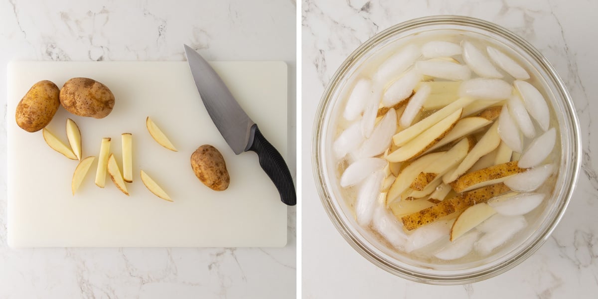 Cutting and soaking potatoes for air fryer French fries.
