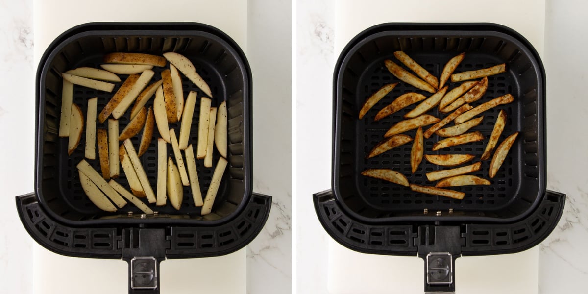 French fries in an air fryer basket before and after cooking.