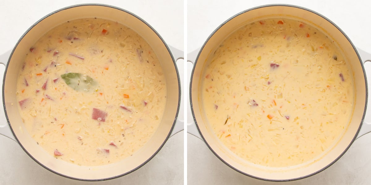 Steps showing cooking Reuben soup before and after adding heavy cream.