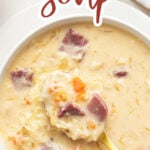 Overhead view of a bowl of soup with overlay text that reads, "Creamy Reuben Soup".