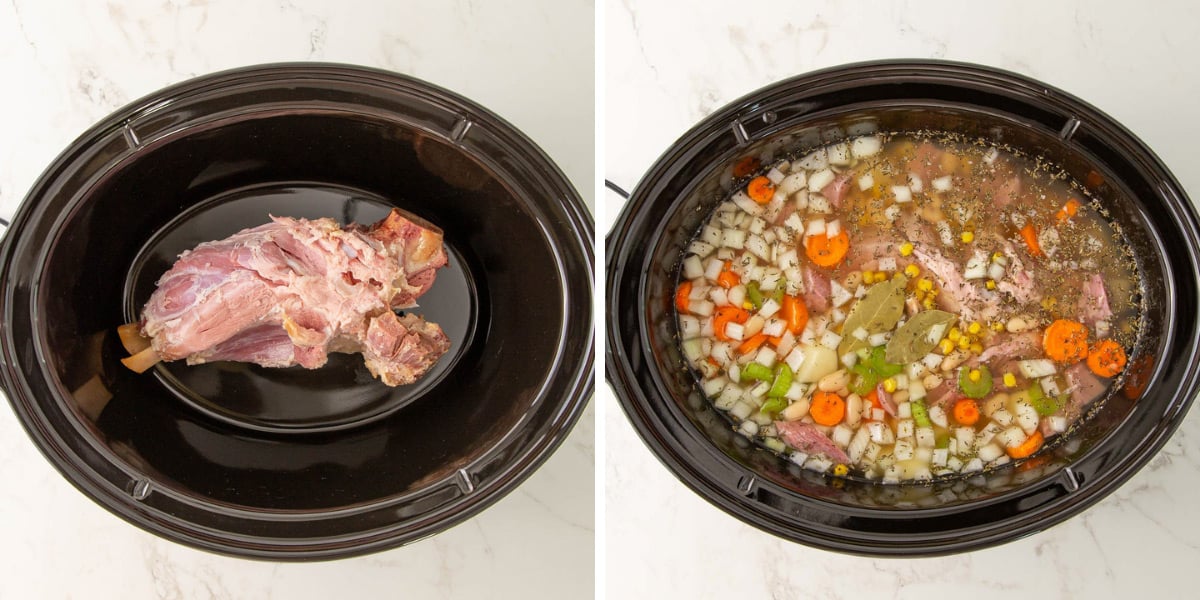 Steps showing how to make ham bone soup in a slow cooker.