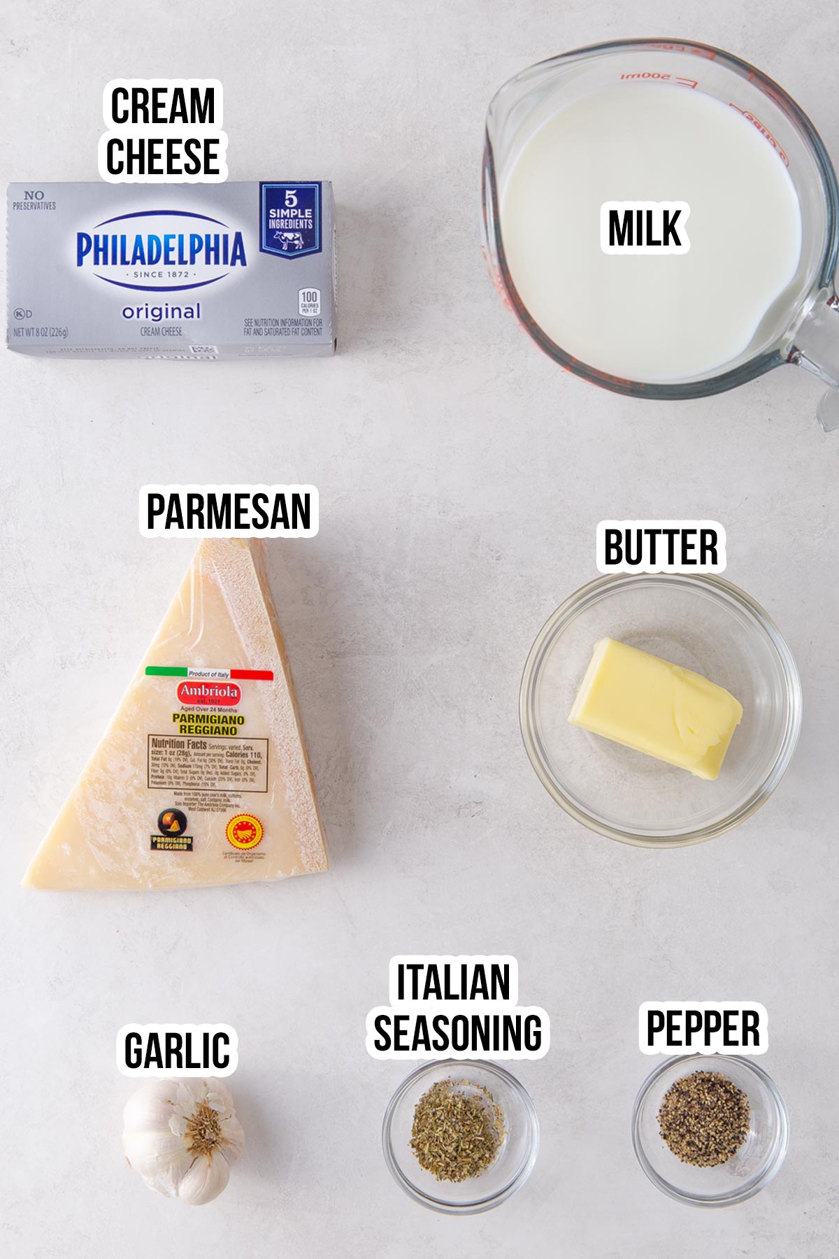 Overhead view of ingredients needed for easy Alfredo sauce with overlay text.