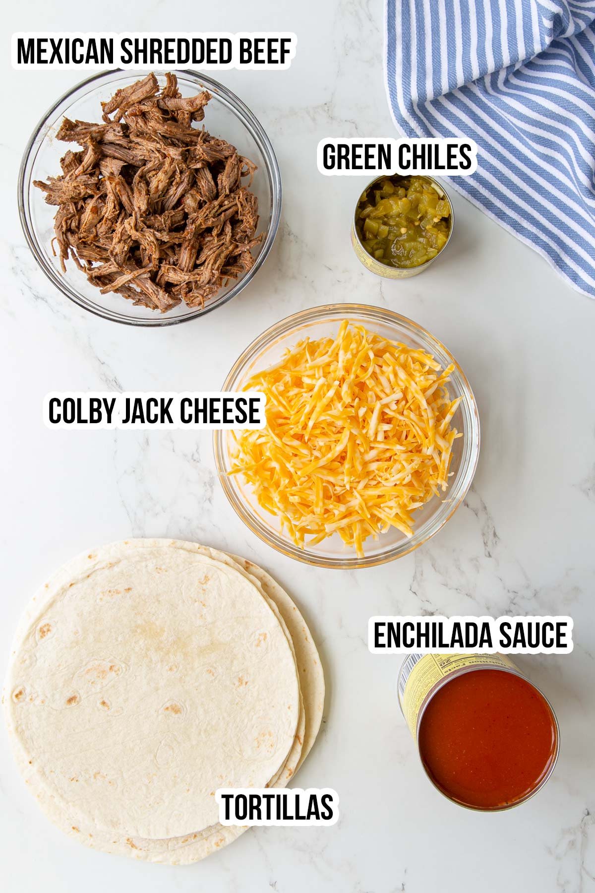 Ingredients for making shredded beef enchiladas with overlay text.