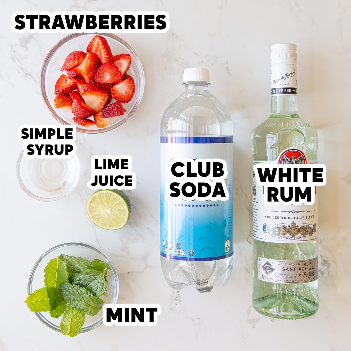 Ingredients for making strawberry mojitos with overlay text.