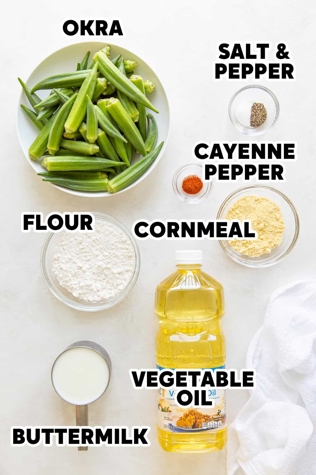 Ingredients for making fried okra with overlay text.