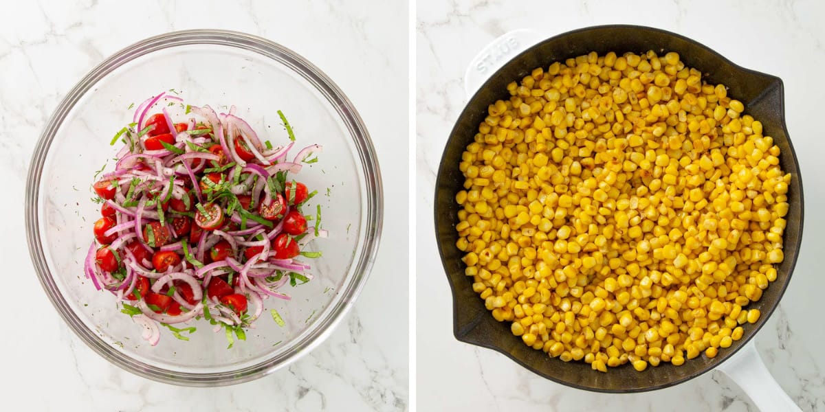 A two image collage showing steps of how to make corn tomato salad.