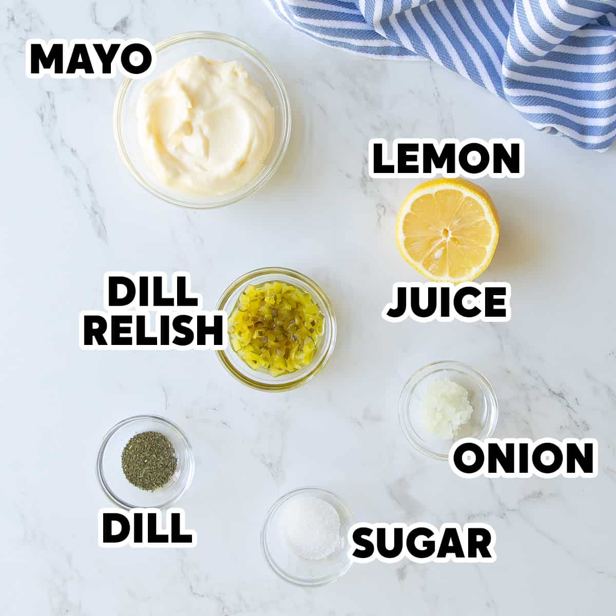 Overhead view of ingredients for making homemade tartar sauce with overlay text.