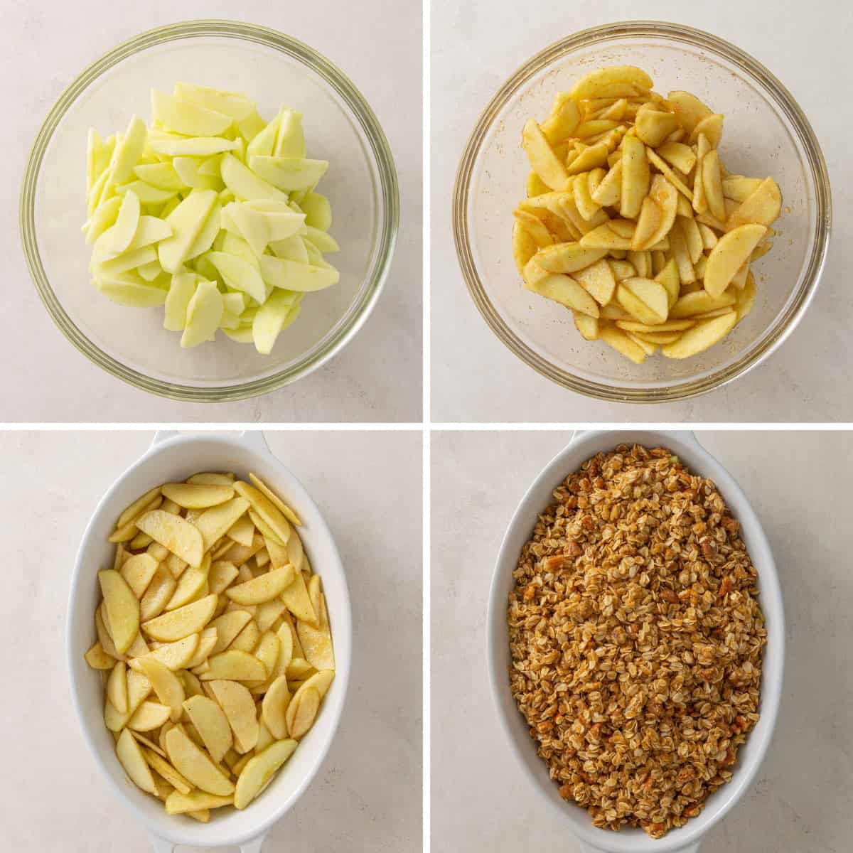 Steps showing how to make apple crisp.