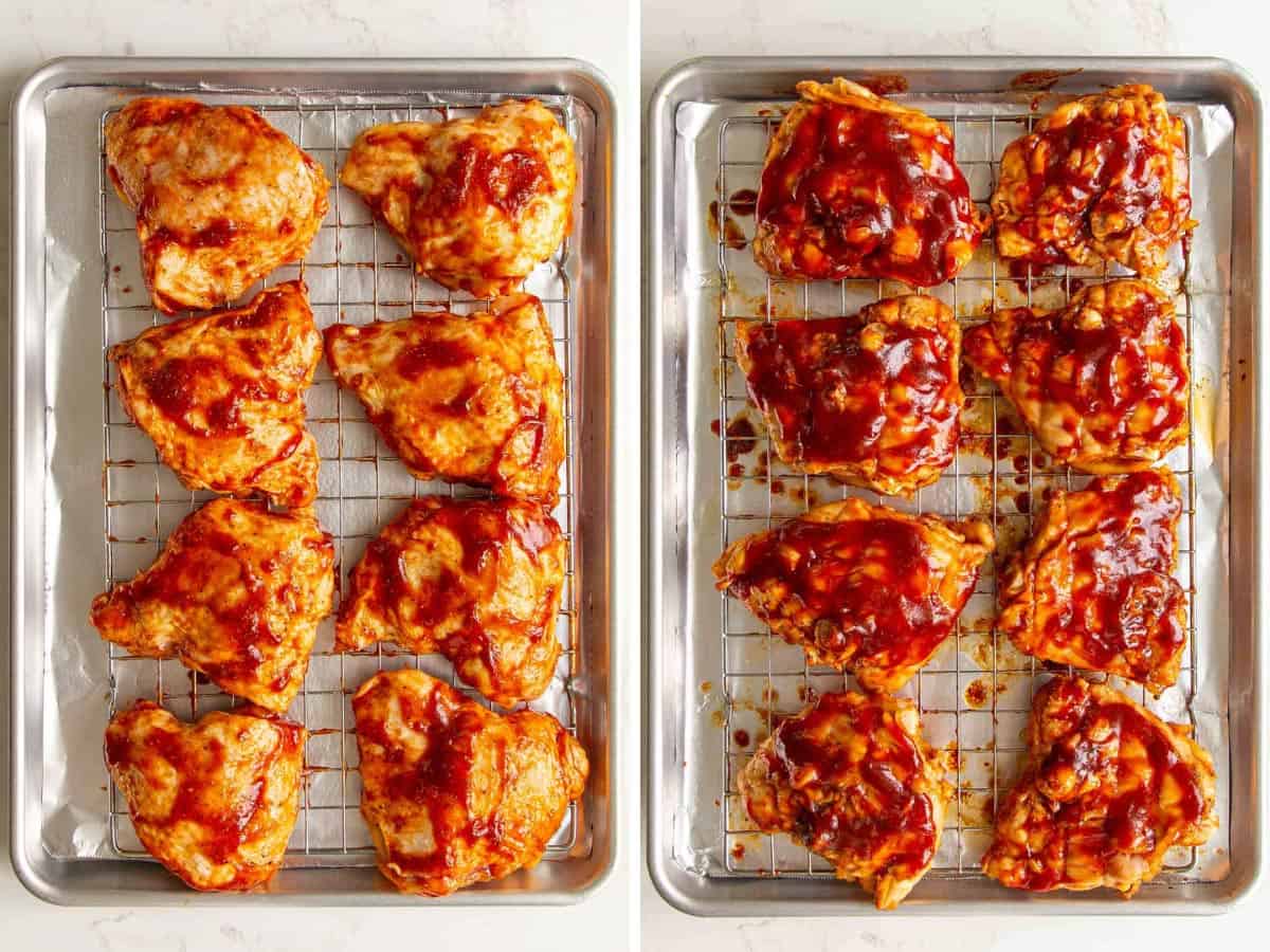 Two images showing BBQ chicken on a rack on a baking sheet before and after flipping and coating with sauce.