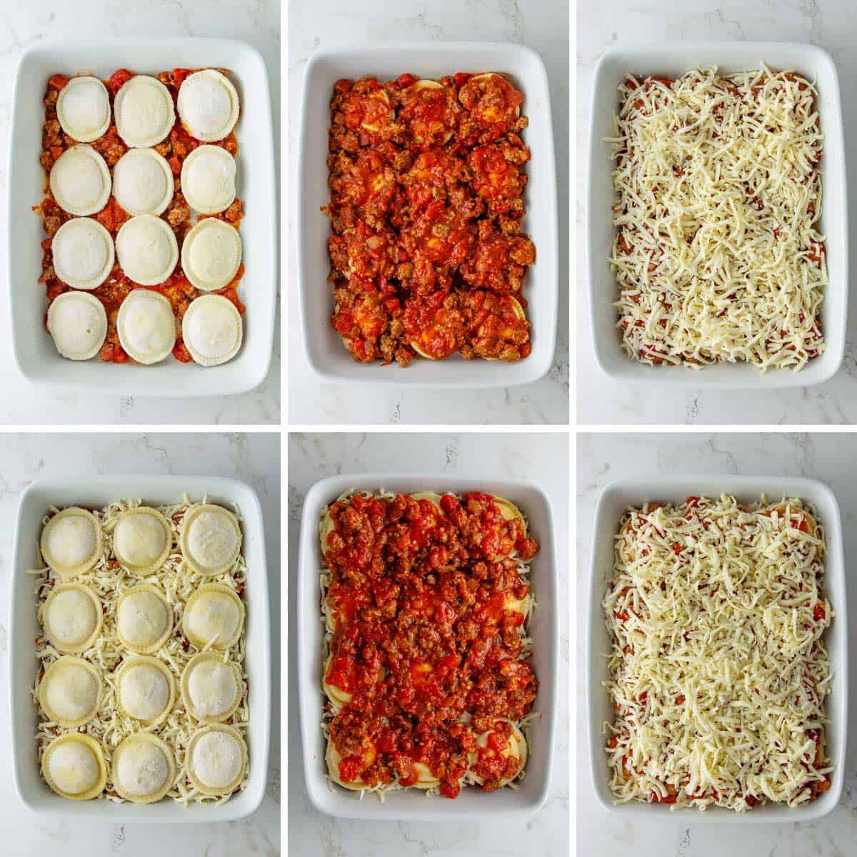 A collage of six images showing how to assemble ingredients in a baking dish for baked ravioli.