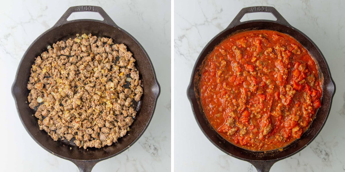 A two-image collage showing how to prepare ground sausage mixture for baked ravioli.