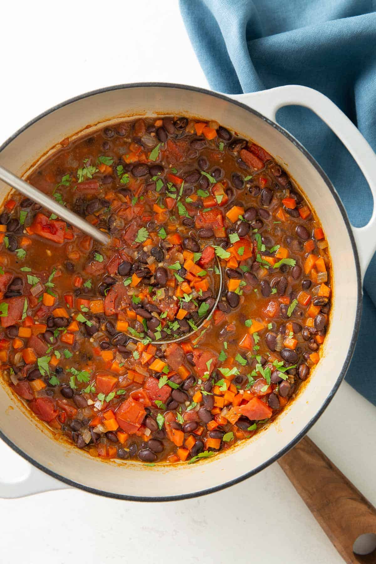 Overhead view of a pot of black bean soup with a ladle.