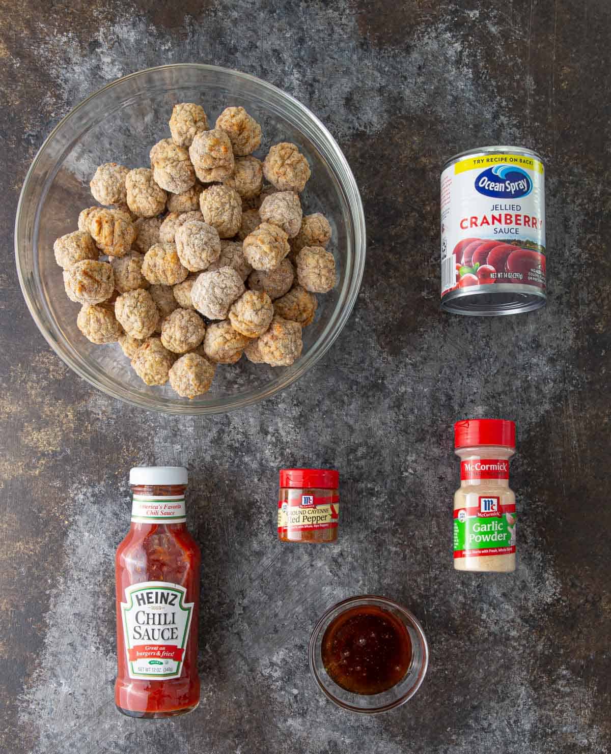 Overhead view of ingredients for crock pot cranberry meatballs.