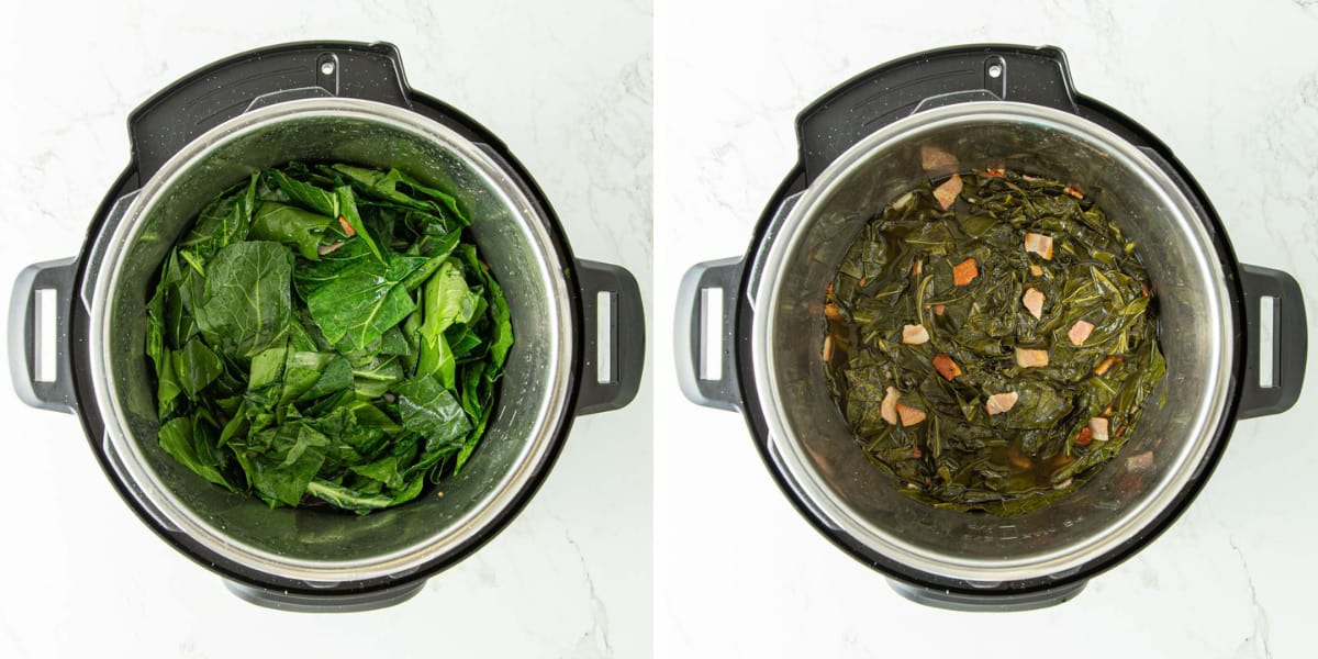 Two images showing collards in an Instant Pot before and after cooking.