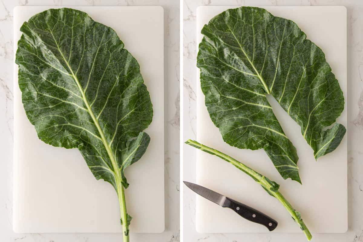 A collage of two images showing a collard leaf before and after the stem being removed.