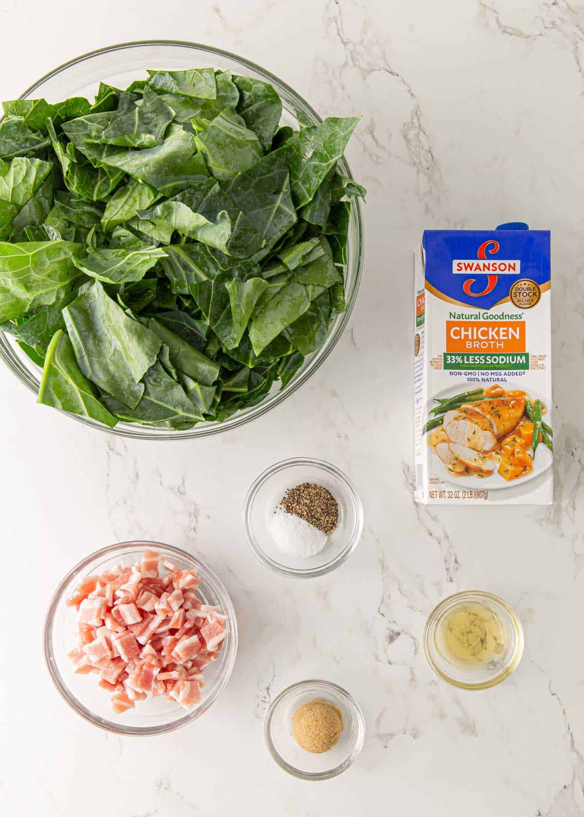 Overhead view of ingredients to make instant pot collard greens.