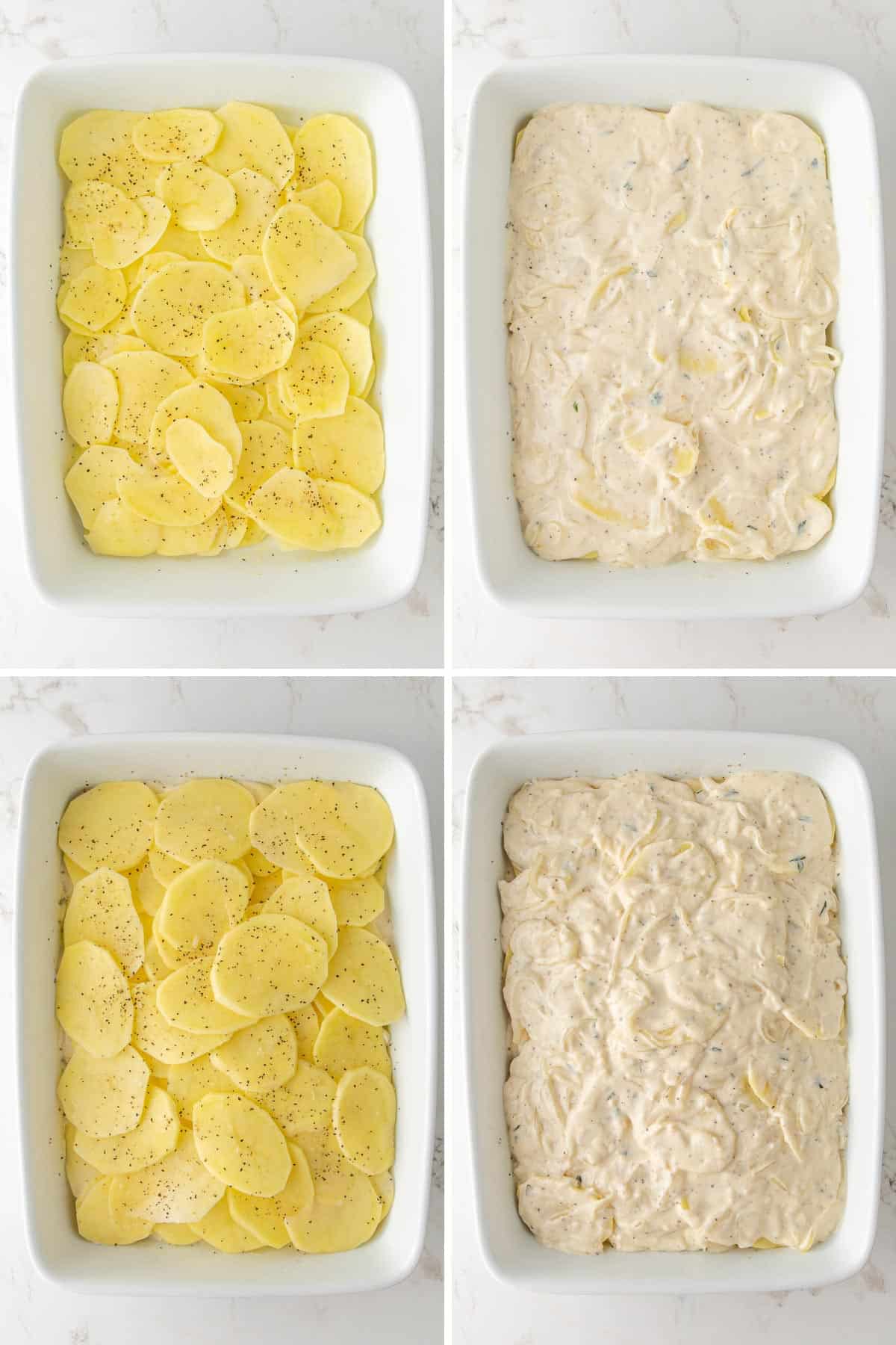 Steps showing how to make scalloped potatoes.